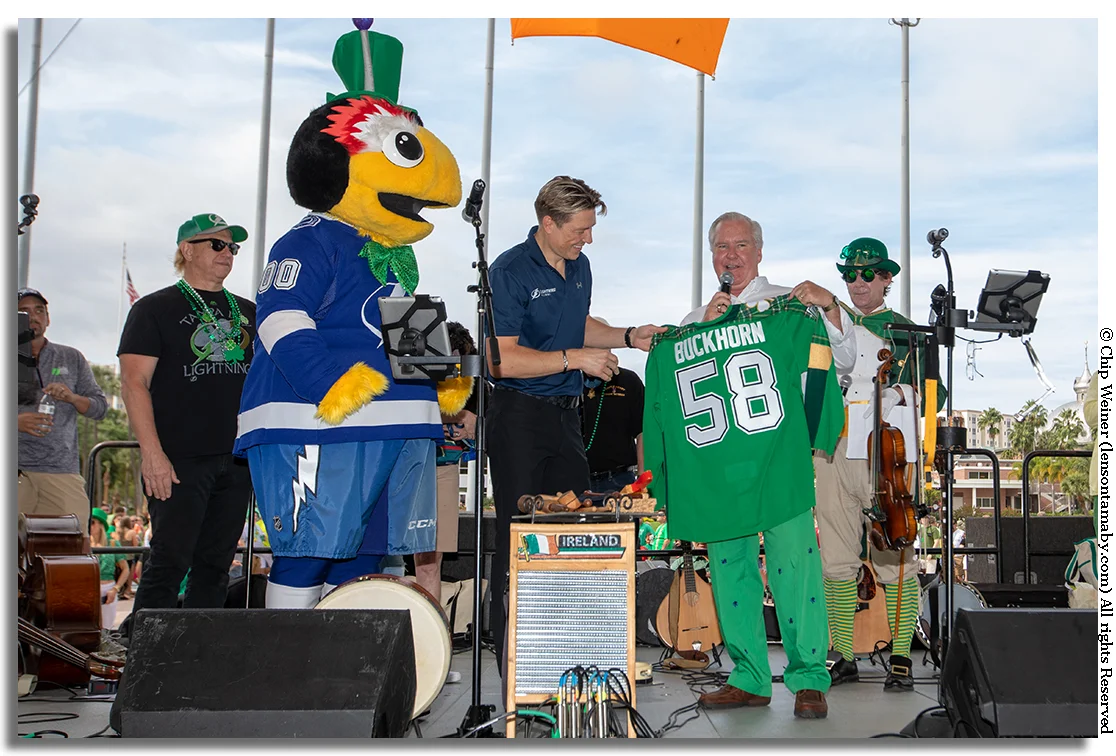 Mayor Bob Buckhorn was given an honorary Lightning jersey in commemoration of his last Mayor's River O'Green Fest.jpg