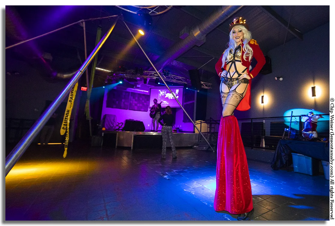 There were two stilt walkers during the show. Here Holly Havok performs at the Pegasus Niteclub Suspension show
