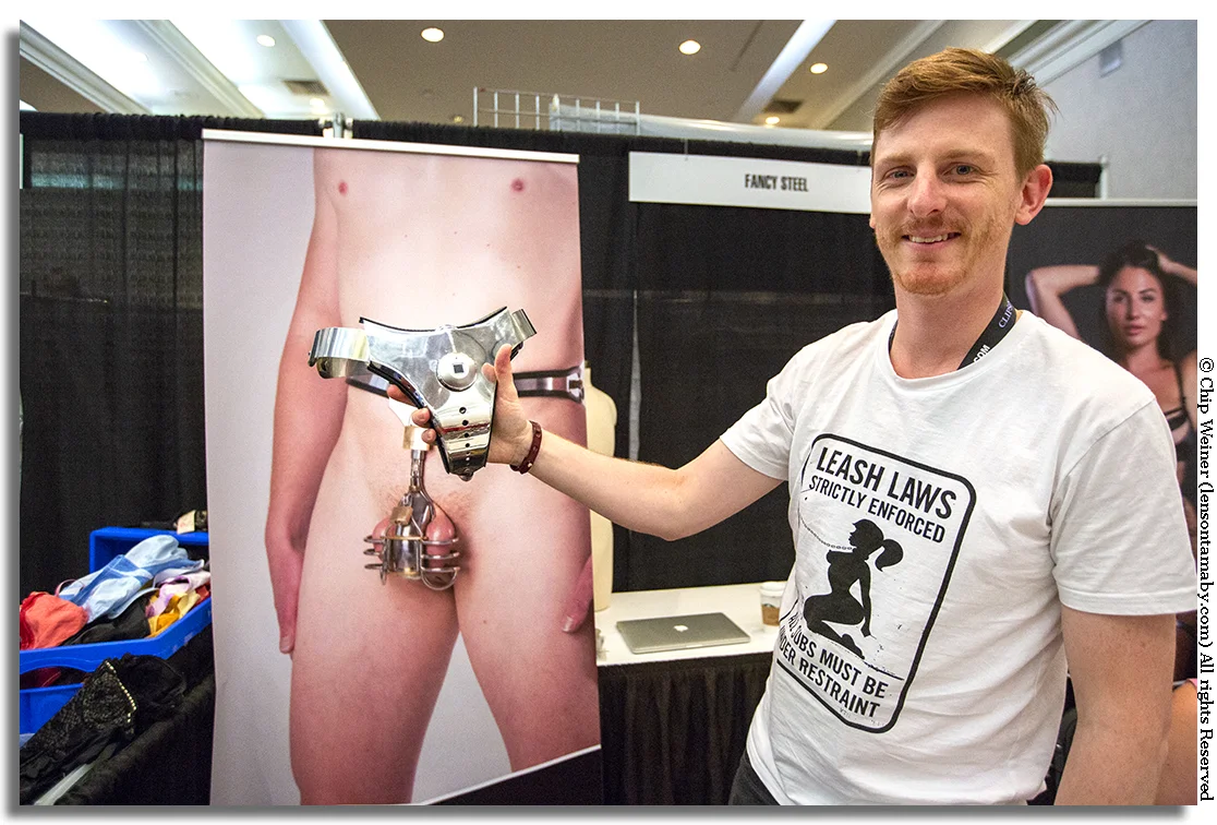 Josh with Fancy Steel traveled from Australia for Fetish Con and sells modern day chastity belts- mostly for men. Here high tech meets the fetish world with a belt opened by a fingerprint sensor.