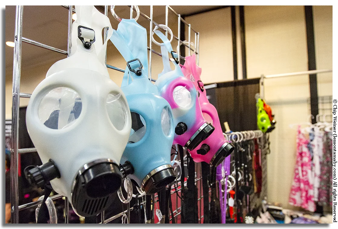 BDSM breath control gas masks are just a part of the equipment available at the fest. I just want one to hang from my rearview to freak out my friends...