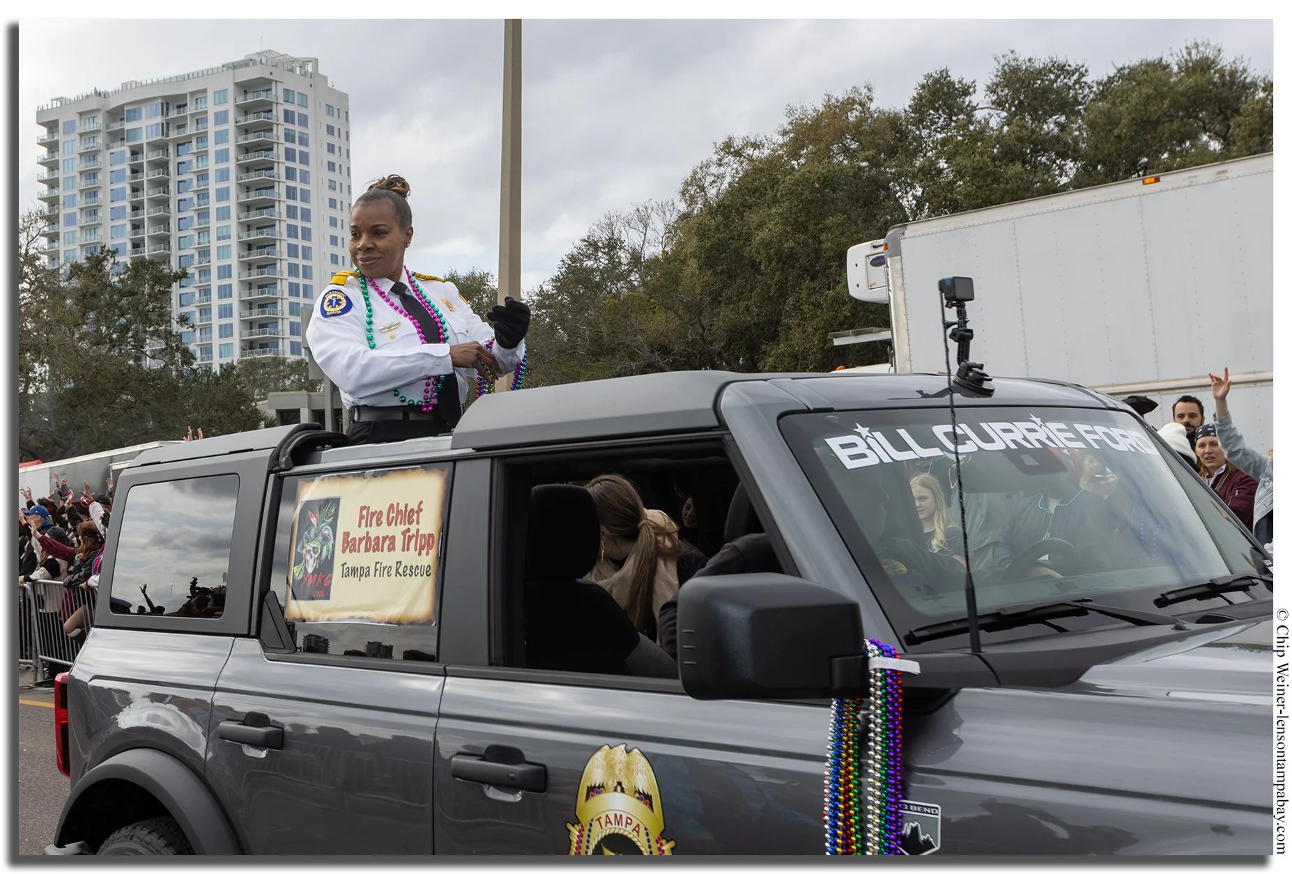 Barbara Tripp, Fire Chief of Tampa Fire Rescue, participating in the Gasparilla Parade in Tampa.