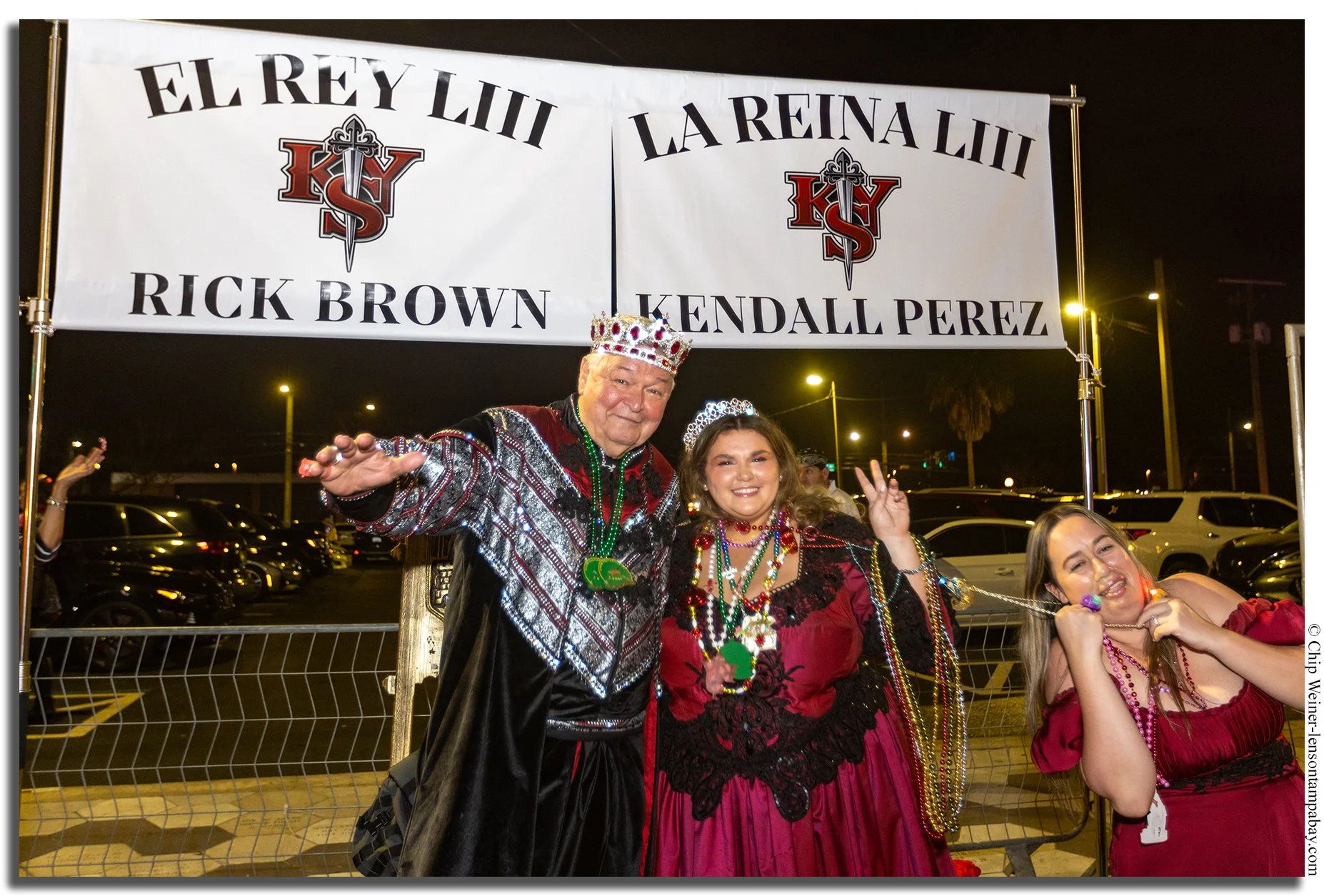 El Rey (King) Rick Brown and La Reina (Queen) Kendall Perez of the Knights of Sant' Yago- hosts of the Knight parade