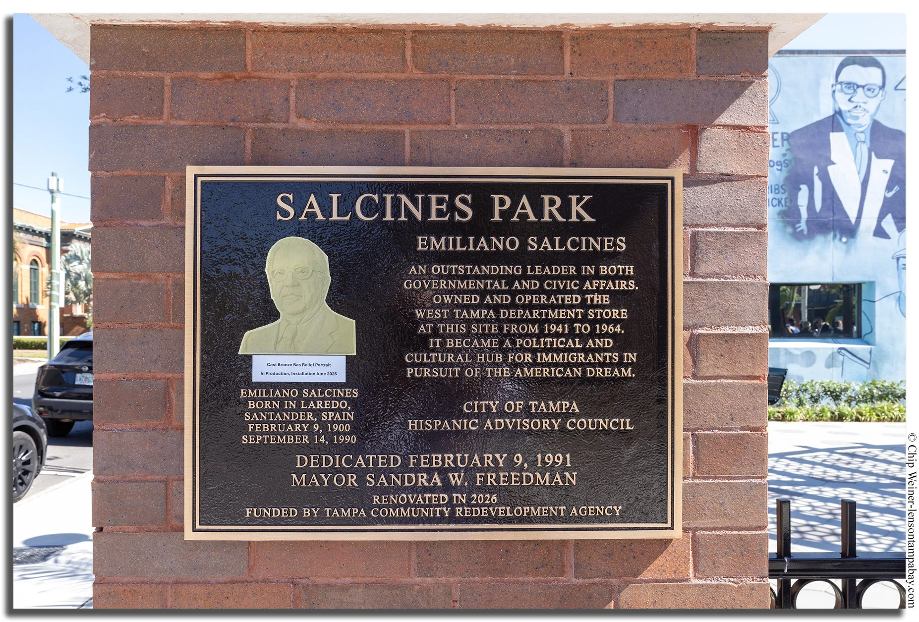 Plaque commemorating the Salcines family  at the new Salcines Park in West Tampa