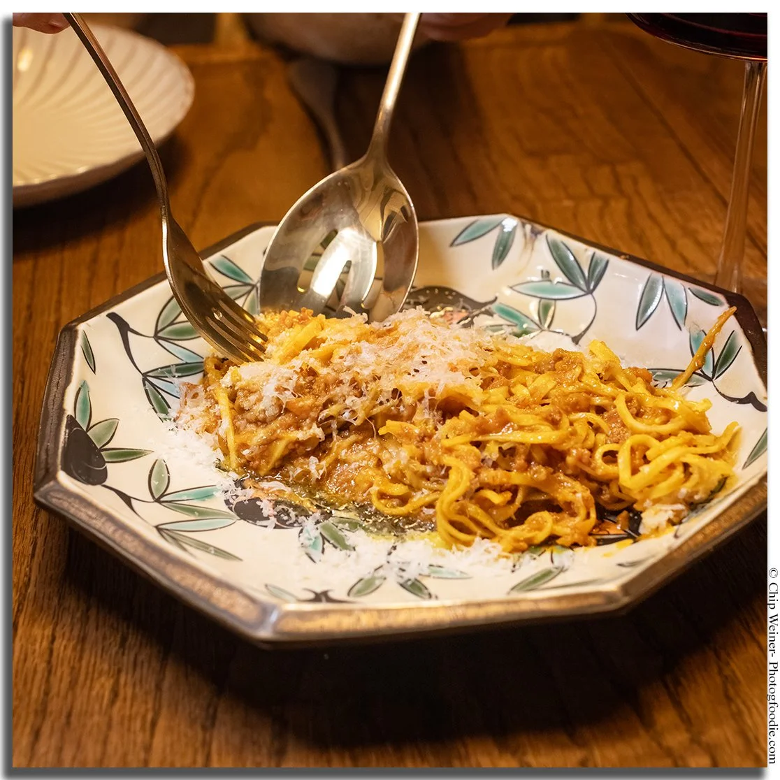 Tajarin pasta at Kinjo with mortadella and Providence Cattle Bolognese finished with Japanese curry