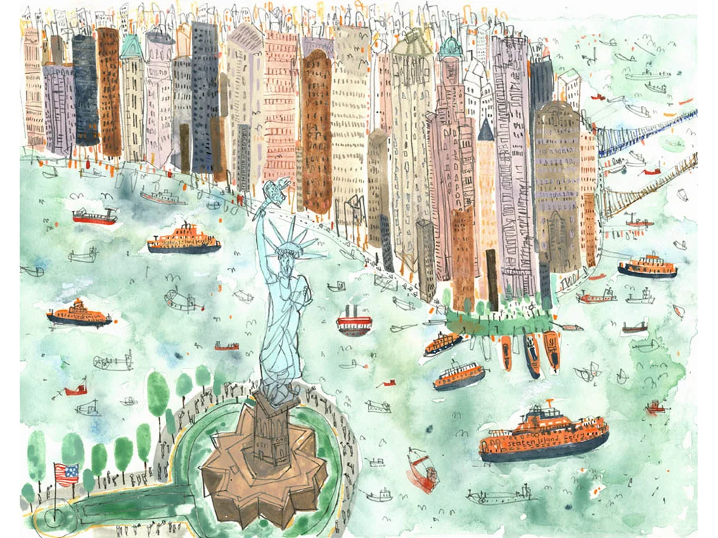 'Statue of Liberty & Staten Island Ferries NYC' Giclee print Image size 37.5 x 30 cm Edition size 195 £145