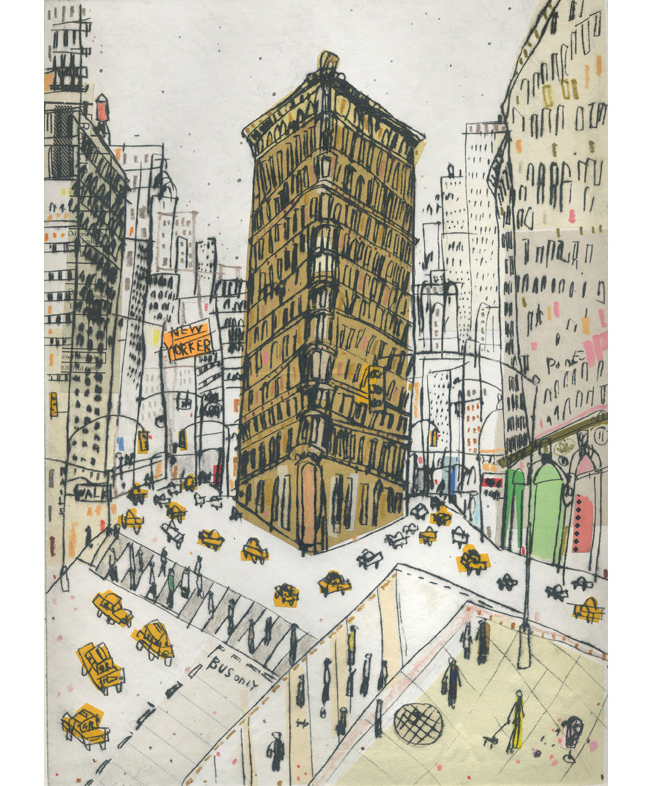   Flatiron Manhattan  Hand-coloured Drypoint &amp; Chine-Colle 21 x 29 cm &nbsp; &nbsp;Edition size 15   