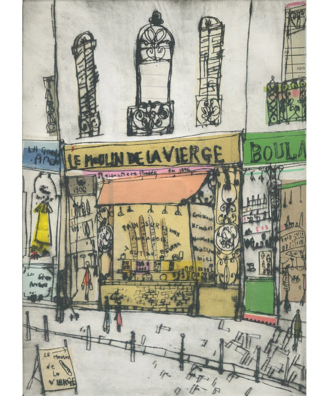  'La Moulin de Vierge Paris' Hand-coloured Drypoint & Chine-Colle 21 x 29 cm Edition size 15 