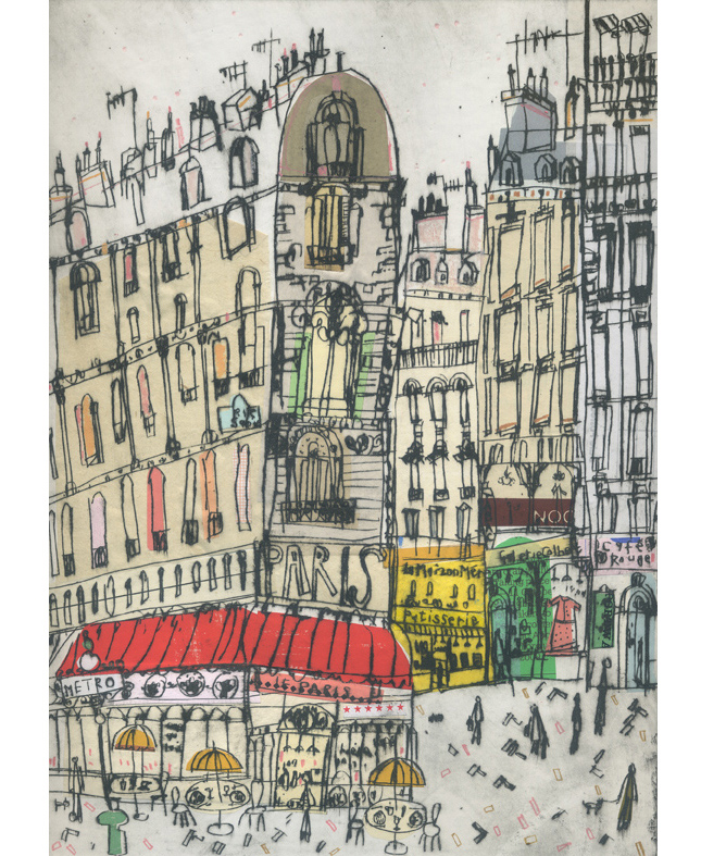   Boulevard St Germain Paris  Hand-coloured Drypoint &amp; Chine-Colle 21 x 29 cm &nbsp; &nbsp;Edition size 15   