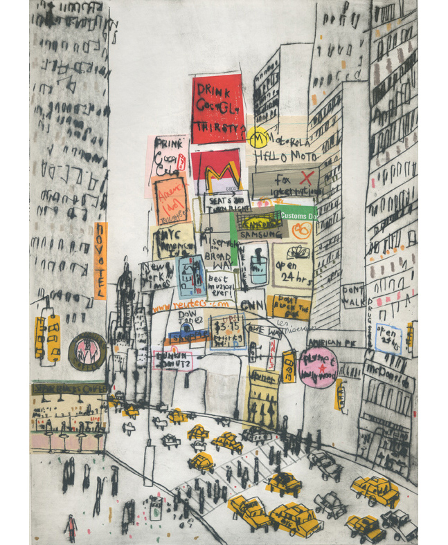   &nbsp;'Times Square Manhattan' &nbsp; &nbsp; &nbsp; Hand-coloured Drypoint &amp; Chine-Colle &nbsp; &nbsp;21 x 29 cm &nbsp; &nbsp;Edition size 15 &nbsp; &nbsp; 
