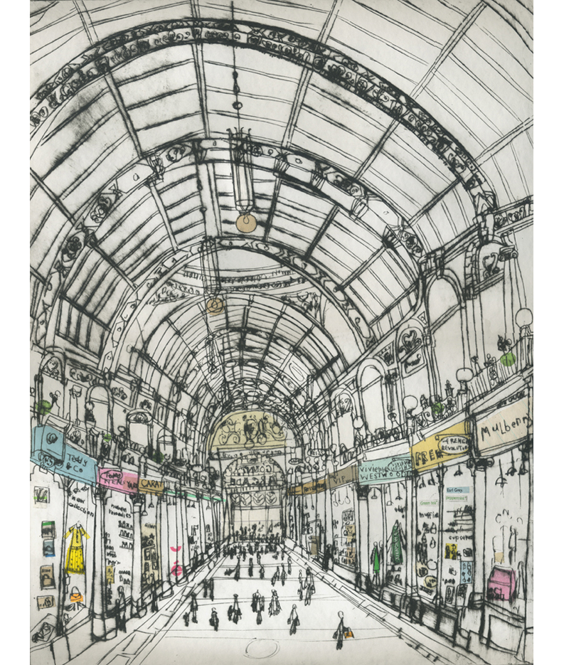   Shopping in County Arcade Leeds  Drypoint &amp; Chine-Colle 30 x 40 cm &nbsp; &nbsp;Edition size 20   