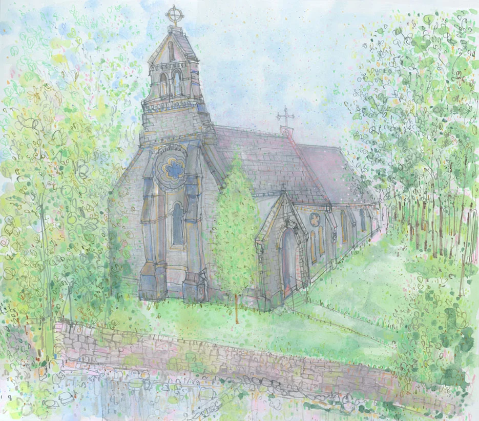  'Church of St. Mary's & St. John's, Hardraw, North Yorkshire' pencil & watercolour
