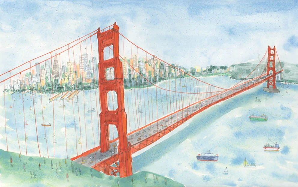 The Golden Gate Bridge San Francisco watercolour & pencil Framed size 81 x 59 cm £595