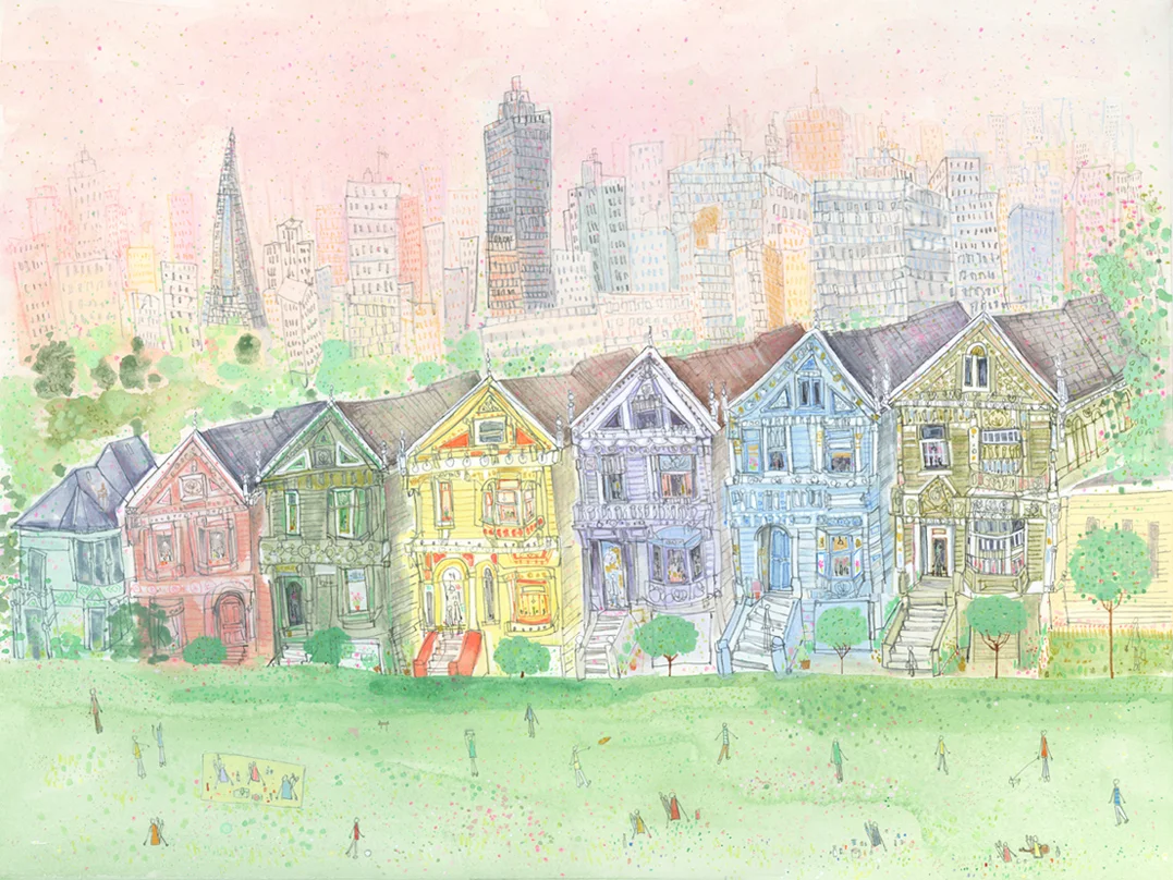 Alamo Square, San Francisco California watercolour & pencil Framed size 70 x 57 cm £495