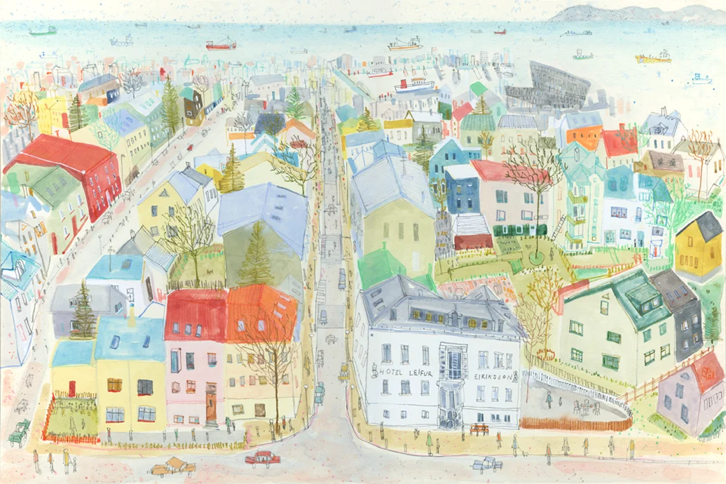 View from Reykjavik Cathedral watercolour & pencil Framed size 62 x 47 cm £450