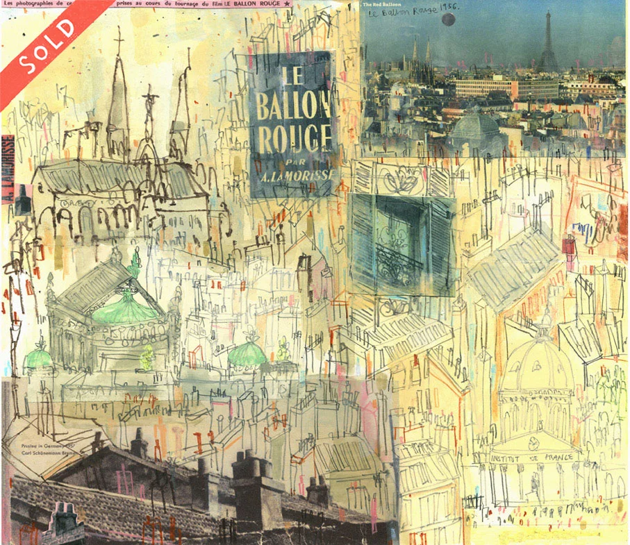 'The Red Balloon 1956 Paris ' WATERCOLOUR, PENCIL & COLLAGE Image size 29 x 33 cm S O L D 