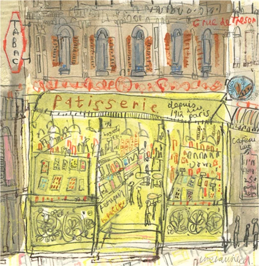  'Patisserie Paris' original mixed-media Image size 13 x 13 cm Framed size 29 x 30 cm £195 Framed in oak (or £175 unframed)