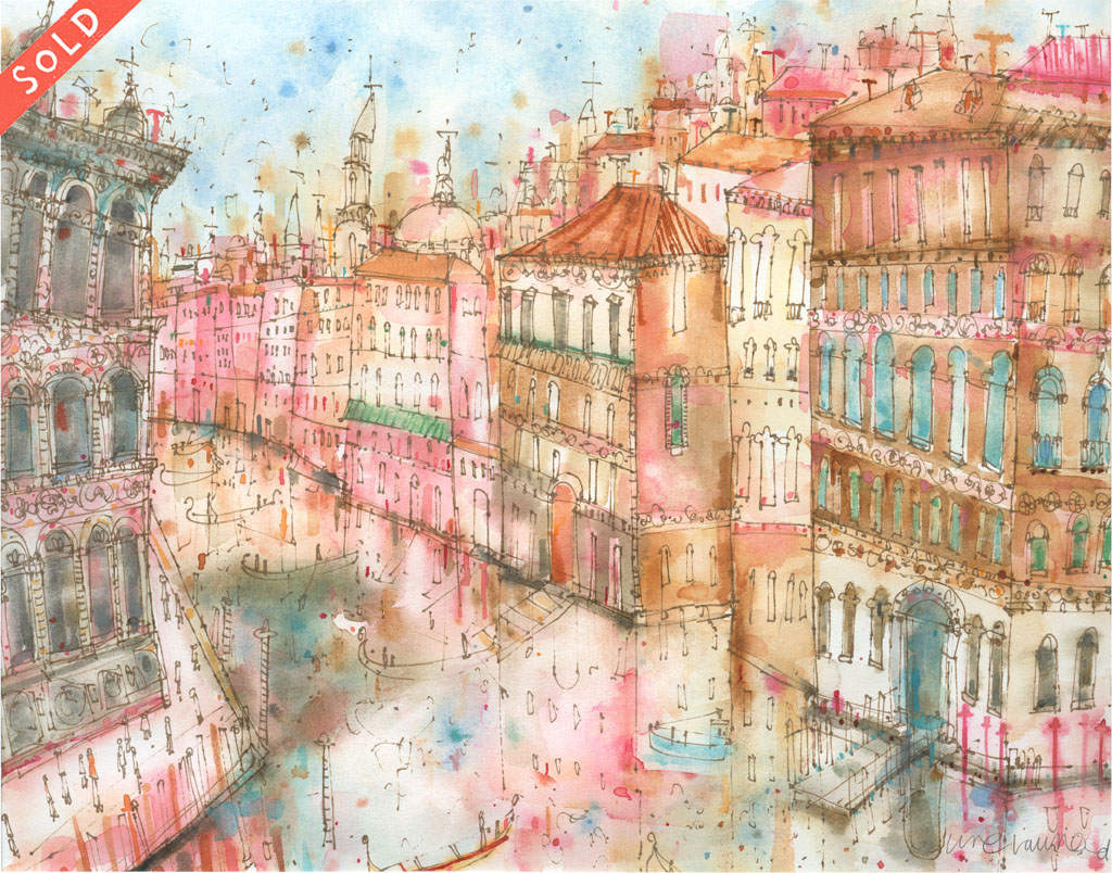  'Grand Canal Sunset Venice' ORIGINAL PEN & WATERCOLOUR Image size 37 x 28 cm Framed size 54 x 46 cm 