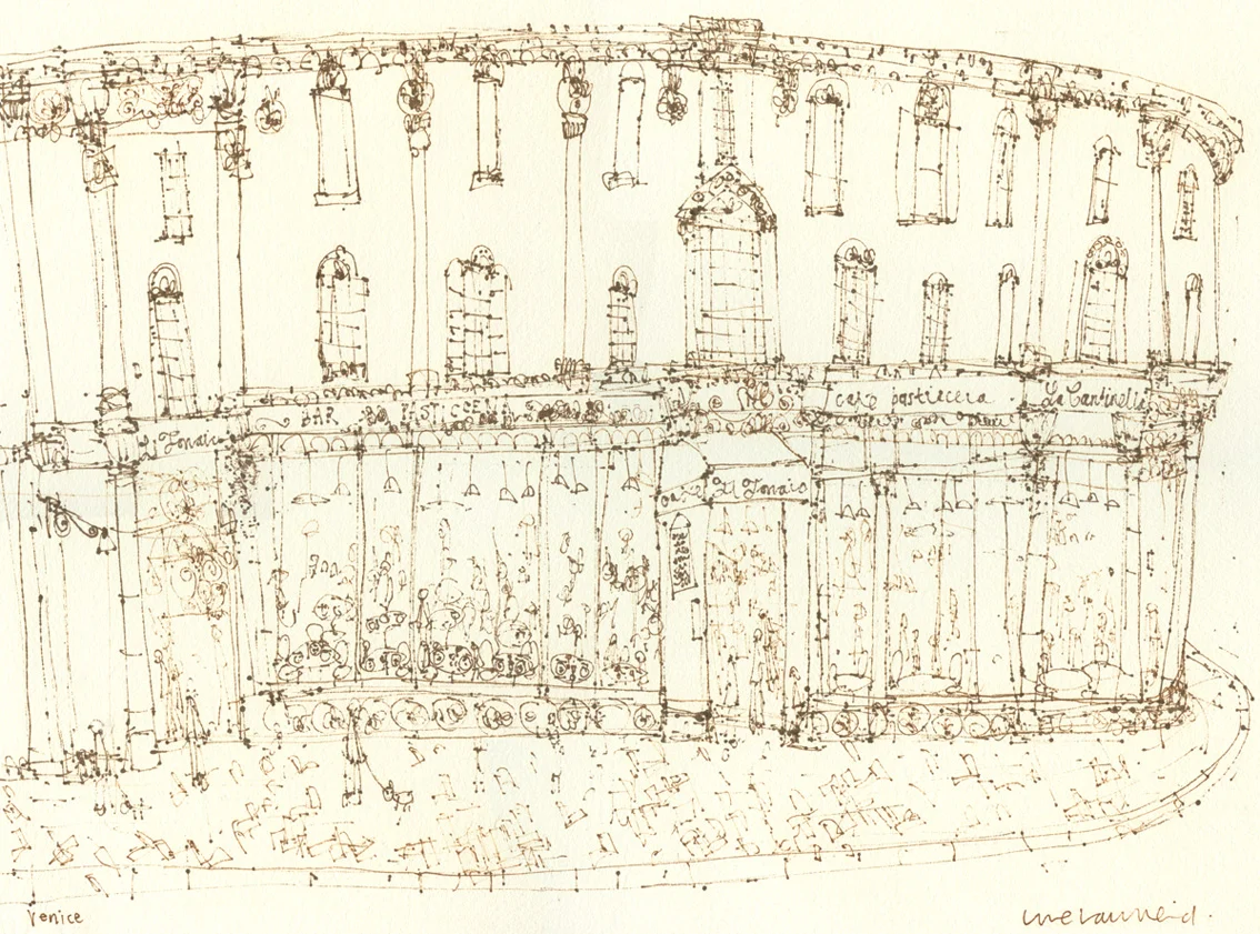 VENETIAN CAFE - brown pen drawing on cream paper Image size 42 x 31cm