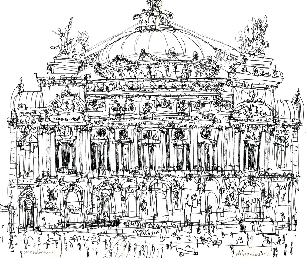 PARIS OPERA HOUSE - black pen drawing on white paper Image size 35 x 30 cm