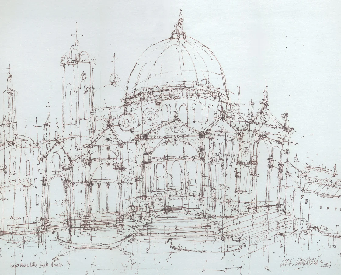 SANTA MARIA DELLA SALUTE VENICE brown pen drawing with pale blue watercolour background Image size 40 x 32 cm
