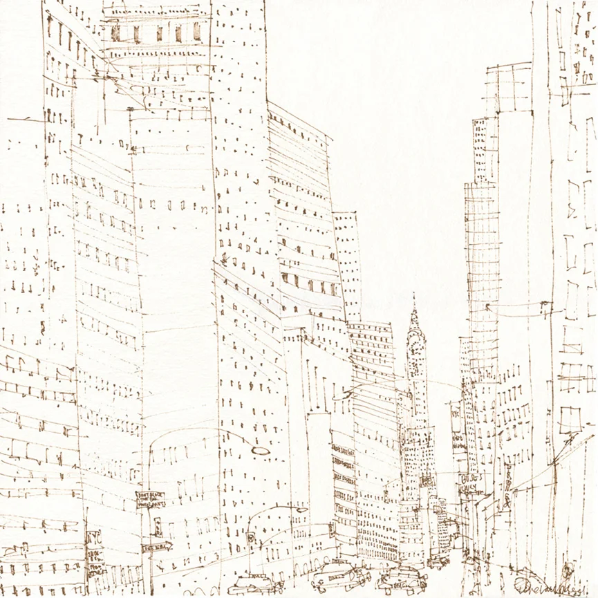 THE CHRYSLER BUILDING NEW YORK - brown pen drawing on white paper Image size 40 x 40 cm