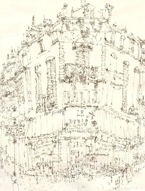 PARISIAN CAFE - brown pen drawing on cream paper Image size 28 x 37cm mounted size 42 x 51cm £165 (mounted)