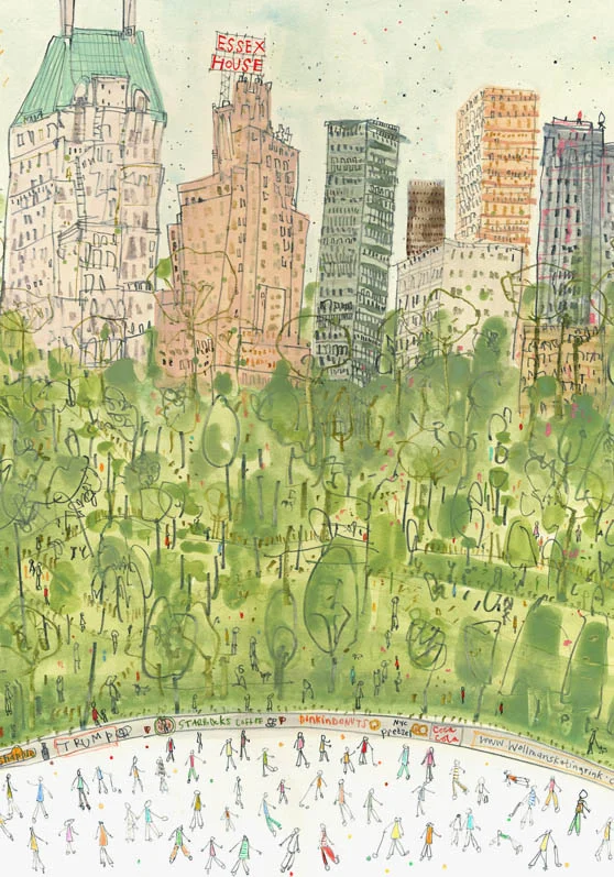 Skating in Central Park, New York A4 signed giclee print image size 17.5 x 25 cm 