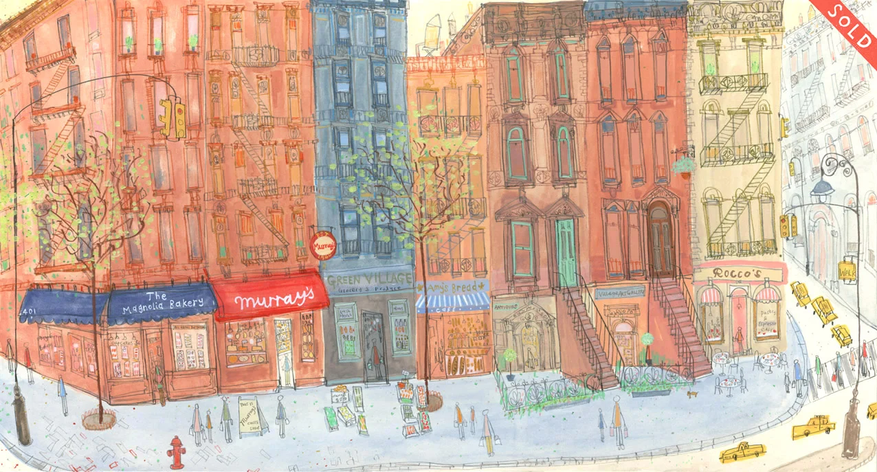 'Greenwich Village Shop Fronts New York' mixed-media Image size 56 x 29 cm Framed size 74 x 47cm 