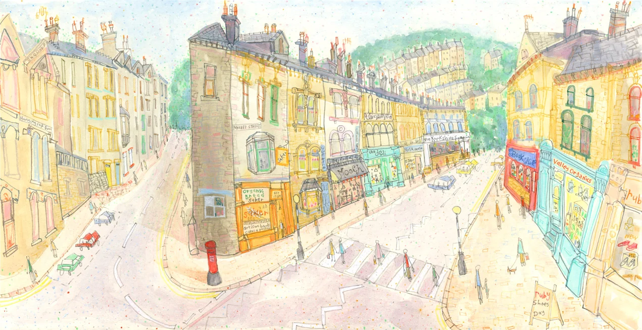 'Market Street & Hangingroyd Road, Hebden' WATERCOLOUR & PENCIL Image size 45 x 23 cm Framed size 63 x 41 cm S O L D