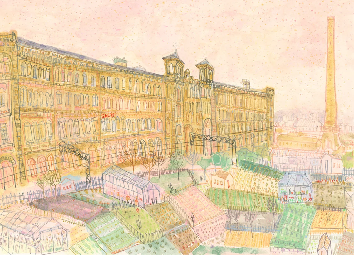 'Salts Mill and Allotments, Saltaire' WATERCOLOUR & PENCIL Image size 42 x 30 cm Framed size 58 x 46 cm