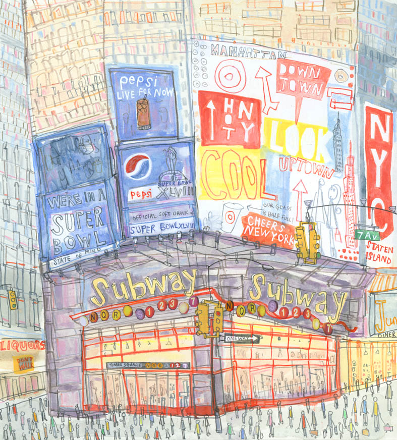 Times Square Subway Station New York watercolour, pencil & collage £475 Framed size 42 x 45 cm Image size 26 x 29.5 cm 