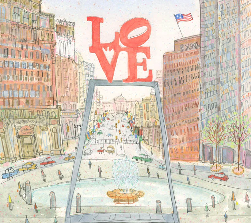 LOVE Park Philadelphia watercolour, pencil and Collage Framed size 45 x 42 cm Image size 29 x 25.5 cm £475