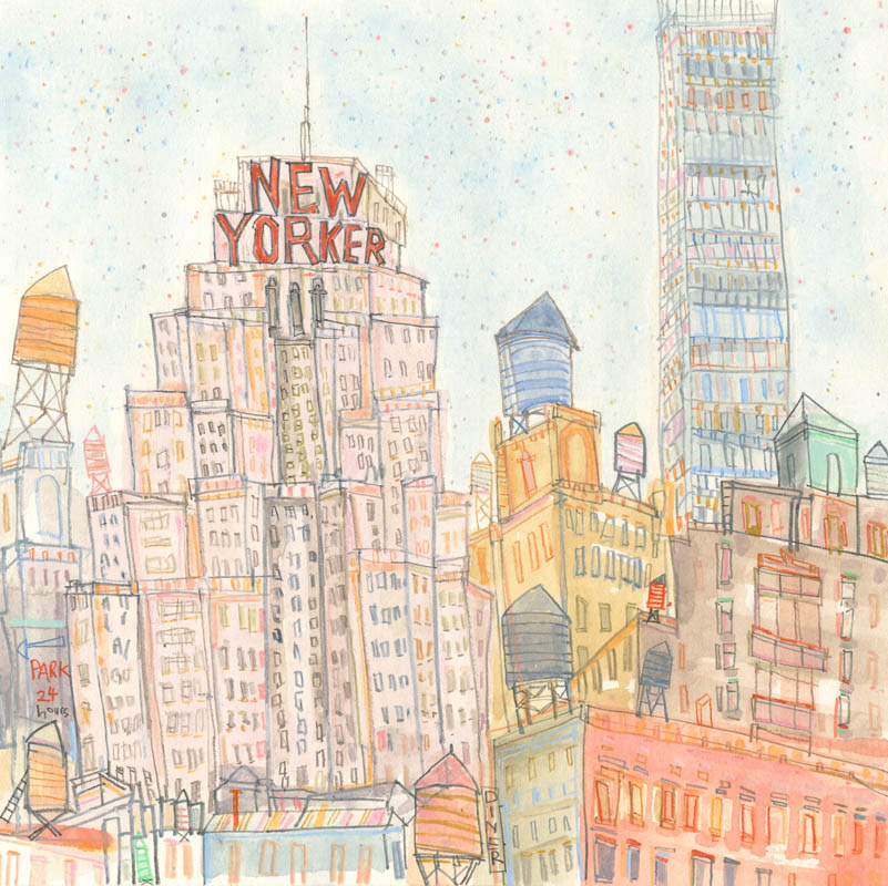 The New Yorker watercolour & pencil Framed size 38 x 38 cm Image size 21.5 x 21.5 cm £275