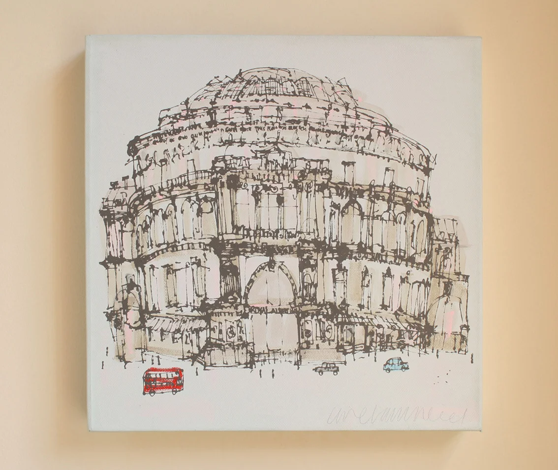 With a pale blue background, this canvas is hand-painted in acrylic with only the linework drawing then being screen-printed over the top in a dark grey .