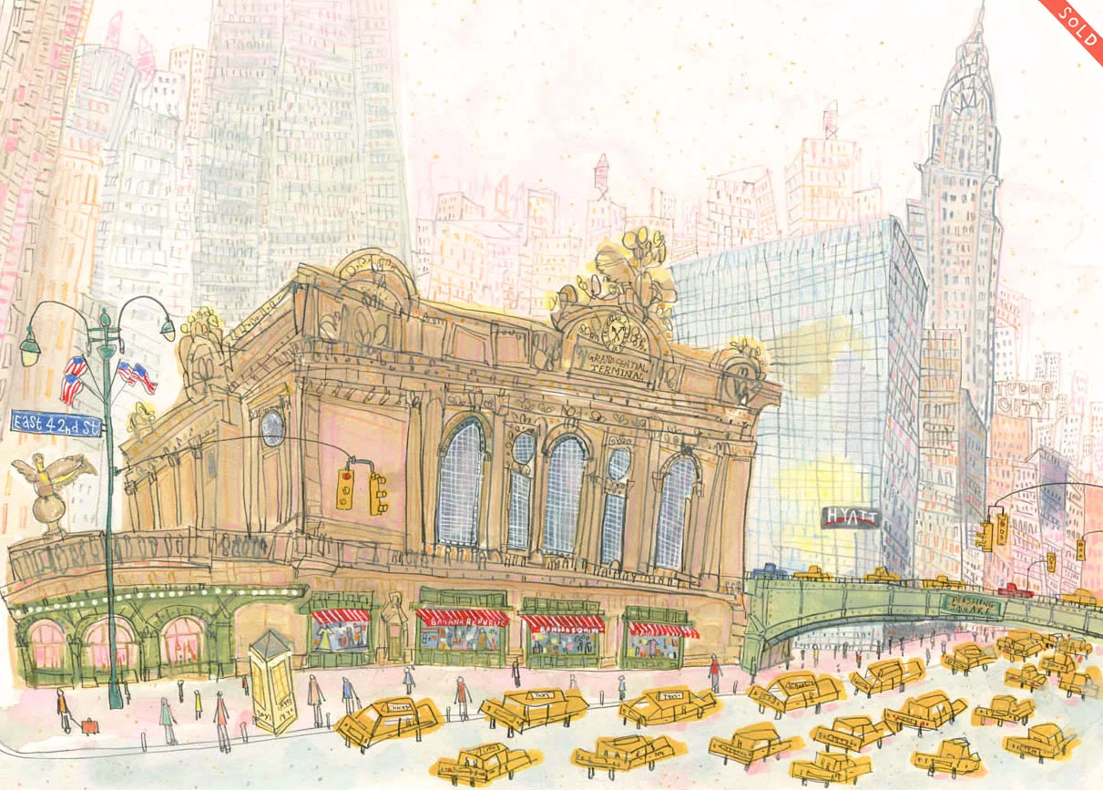 Grand Central Station, East 42nd Street NYC watercolour & pencil Image size 42.5 x 30.5 cm 