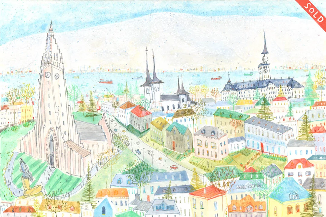 'Reykjavik Cathedral' WATERCOLOUR & PENCIL Image size 44 x 29 cm Framed size 62 x 47 cm £450 