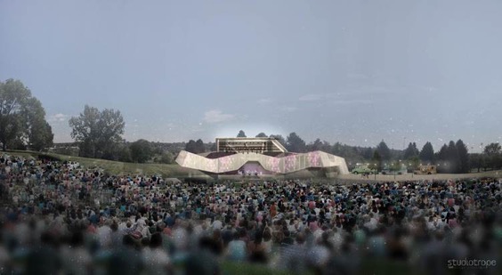 Design renderings by Studiotrope Design Collective — which was selected as architect in 2014 by a design review committee — show a structure of sharp angles in a grassy bowl backed by a line of trees.