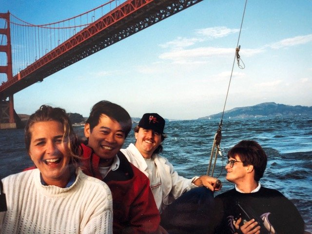 Goofing off on Smolin’s boat. Leah, Lincoln Hu, Steven Molin, and a friend. 