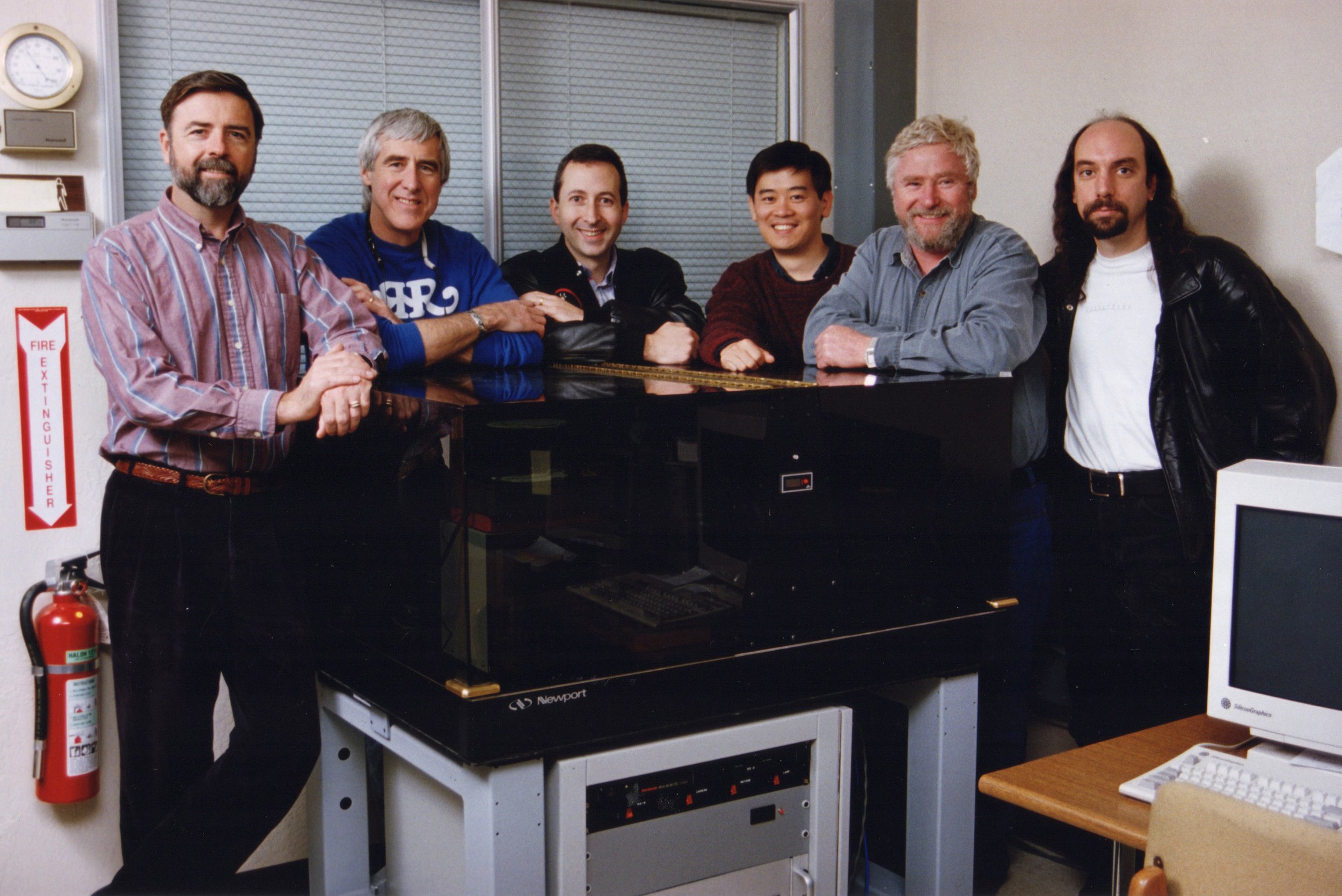  Mike Bowles, Mike MacKenzie, Jeff Light, Lincoln Hu, Udo Pampel, and Josh Pines with the film scanner they built.  