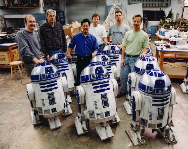  R2-D2 restoration and upgrade crew /  EP II - Attack of the Clones  (2000)  L to R - Don Bies, Scott McNamara, Grant Imahara, Nelson Hall, Preston Donovan, and Erik Jensen 