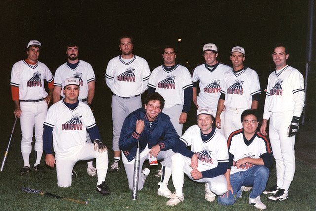  Lucasfilm Falcons fast pitch softball team (San Rafael Parks &amp; Rec. League)  L to R (back row) - Al McIsaac (ringer), Ken Beyer (ILM), Mike Ellis (ILM), Marty Eshoff (LFL), Scott Sievers (ILM), Robin Nehasil (ringer), Mark Horick (LFL) (front ro