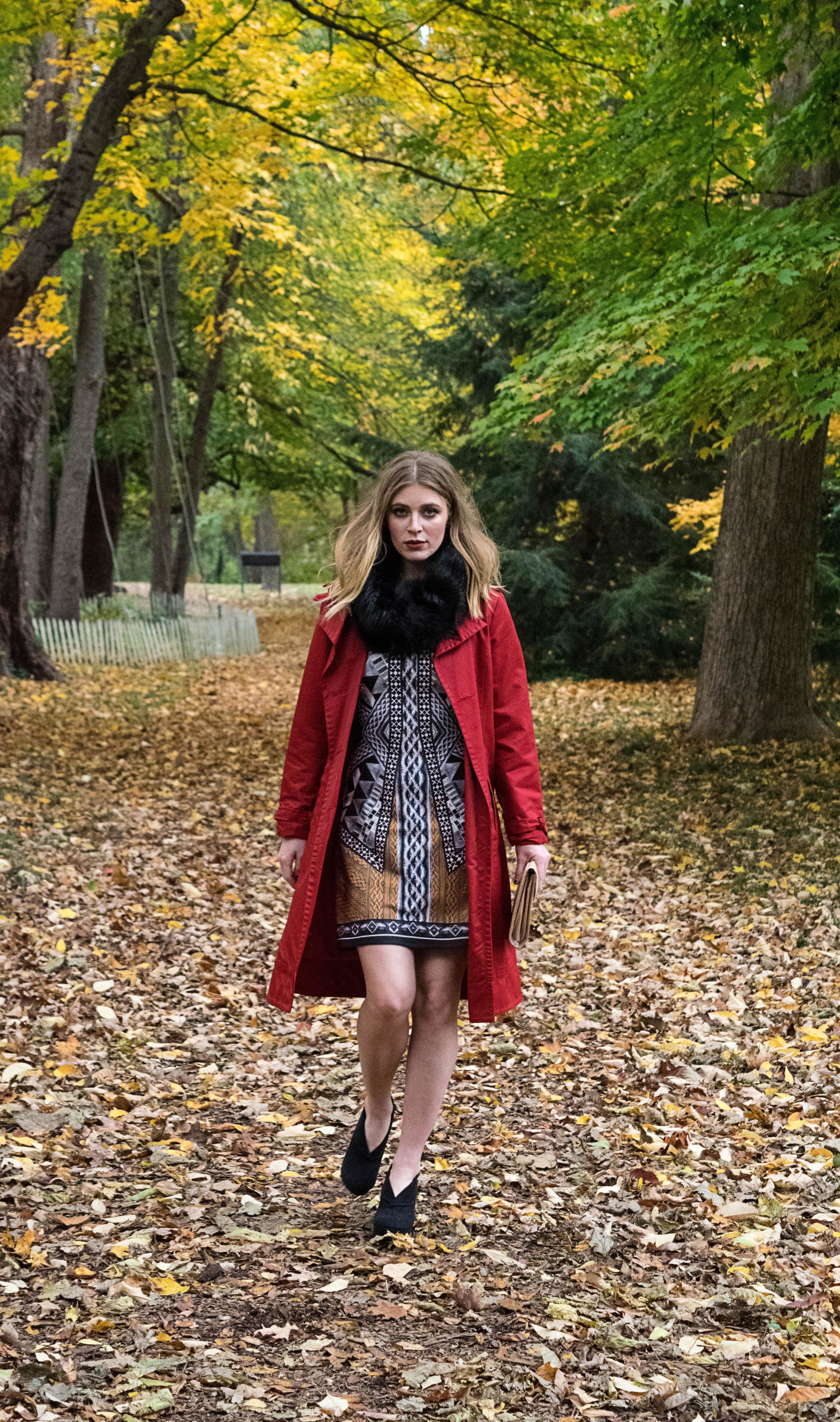 Vestiary fur neck Scarf and Dress: Just cause its cool doesn't mean you cant be stylish. keeping warm with this faux fur scarf and red Zara coat over top this ancient pattern dress. Find this dress and scarf at Vestiary in Danville Ky. https://www.facebook.com/shopvestiary/?fref=ts SHOP ONLINE at http://shop-vestiary.myshopify.com/