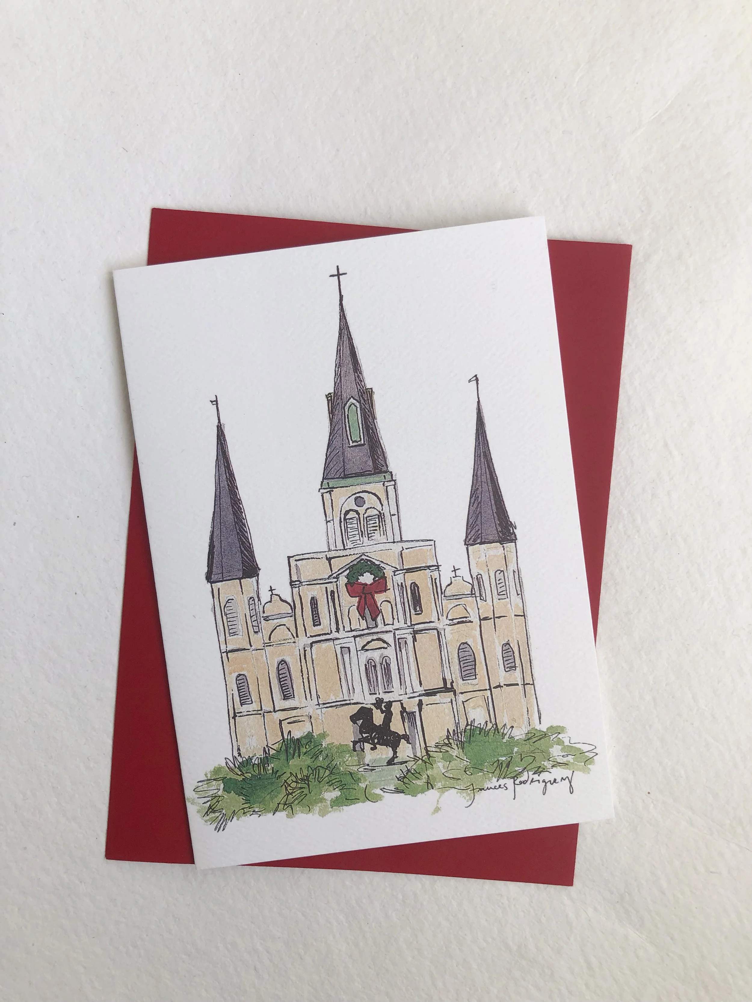Watercolored St. Louis Cathedral at Christmastime