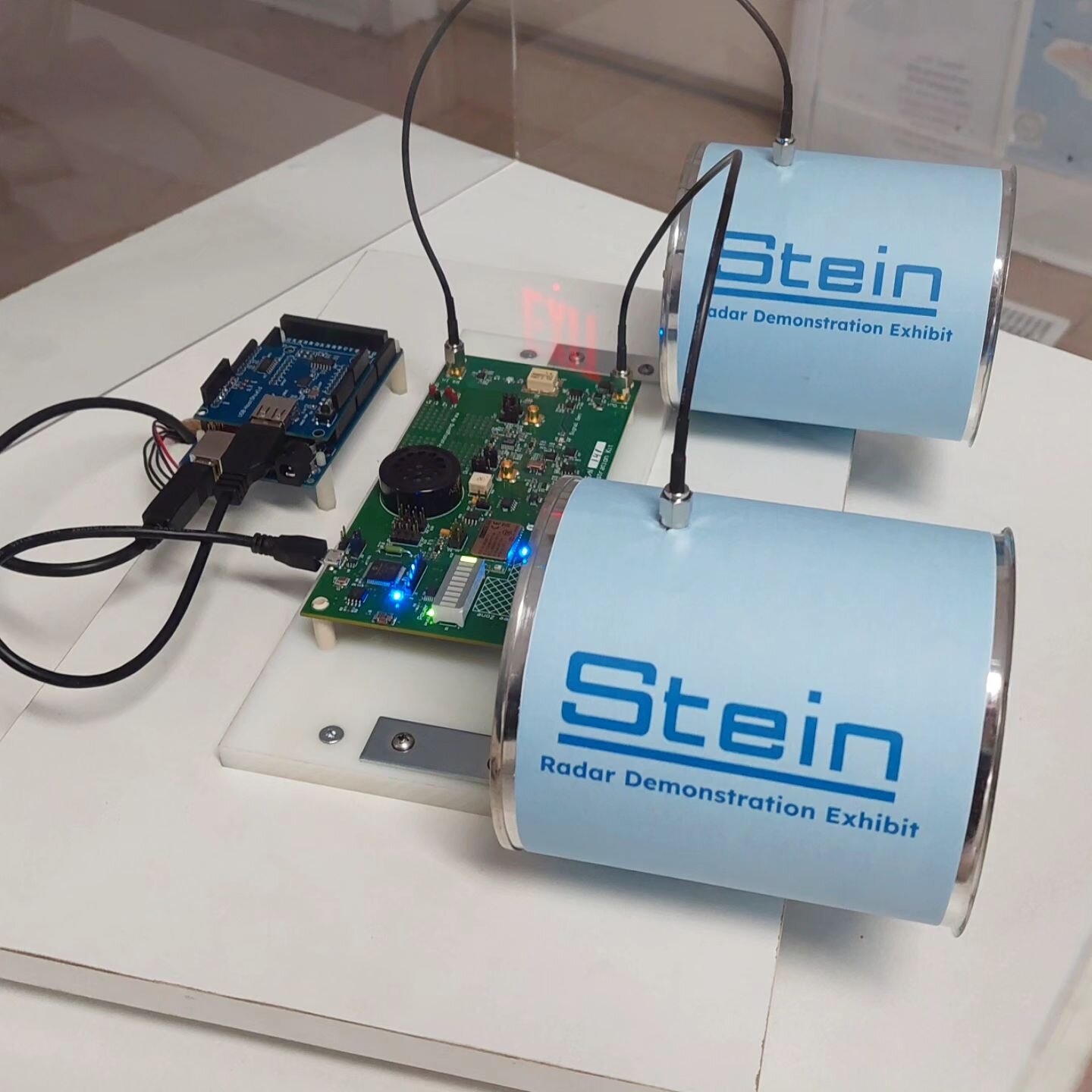 This is our brand new Radar Demonstration Exhibit supported by London's own Stein Industries, Inc.  It uses a frequency-modulated continuous-wave radar to measure the distance between itself and a target (we are using sheet metal, but any radio refle