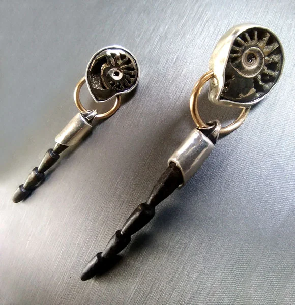 Pyritized Ammonite and Hand Carved Black Coral set in Fine silver and 14KGold