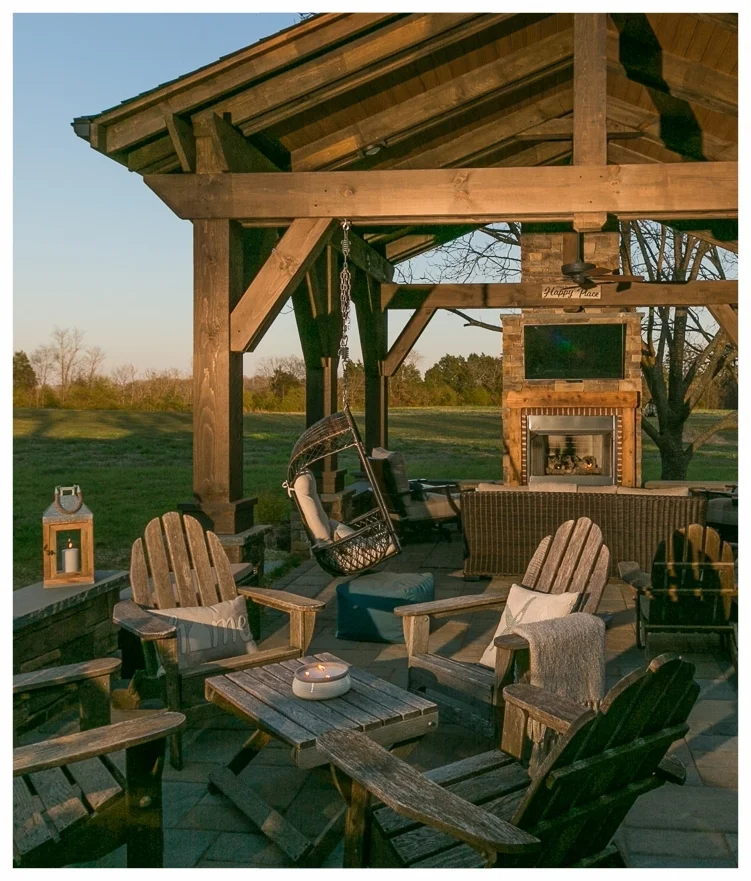 A farmhouse rustic outdoor living space we created for a family with 80 acres of farmland in Waxhaw, NC.