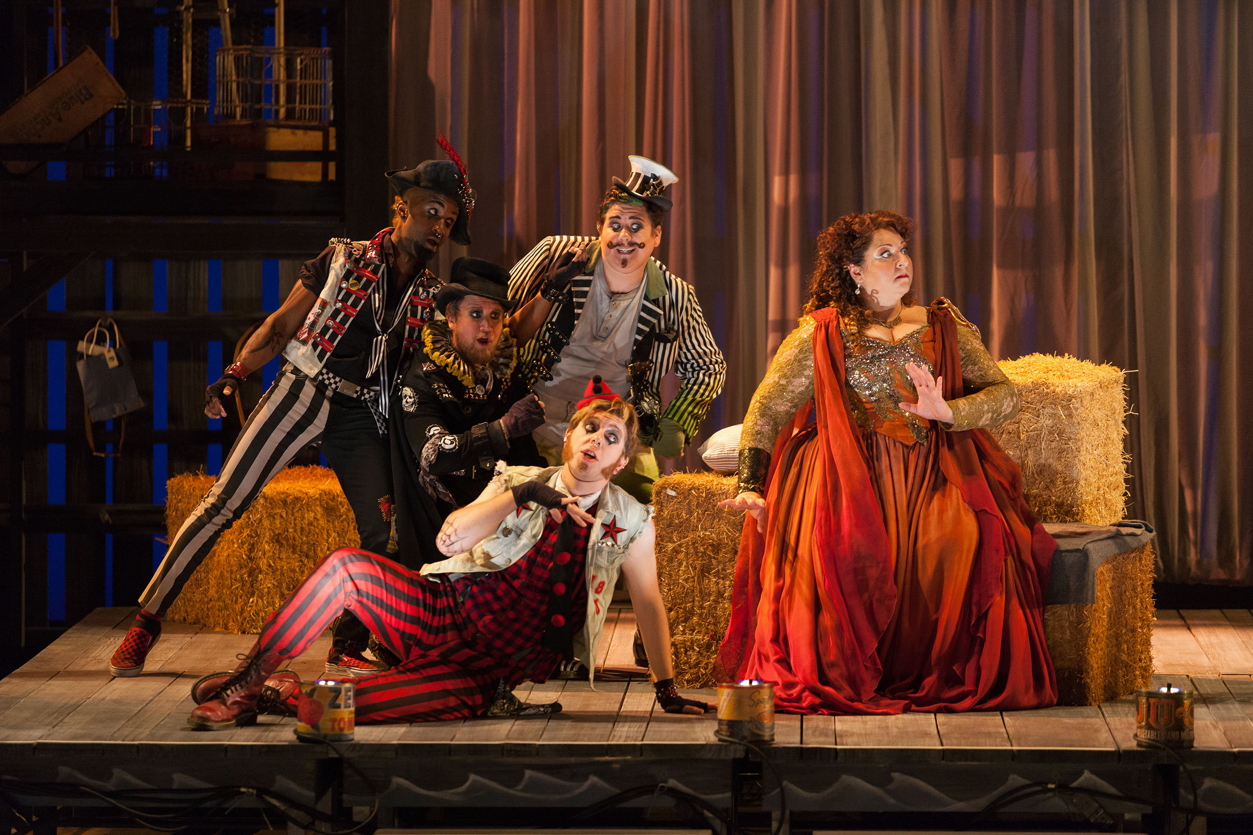  Clockwise from top: Brian Ross Yeakley as Brighella, Christine Goerke as Ariadne, Gerard Michael D'Emilio as Truffaldino, Andrew Penning as Scaramuccio and Carlton Ford as Harlequin in The Glimmerglass Festival's 2014 production of Strauss'  Ariadne