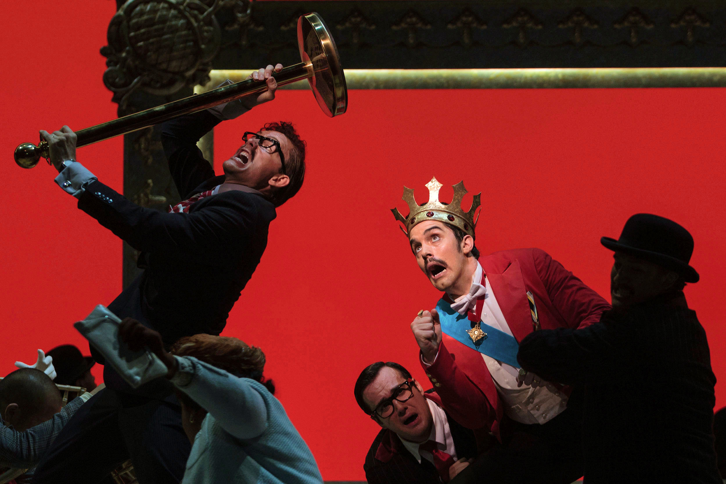  Jason Hardy as Baron Kelbar, Patrick O'Halloran as Edoardo and Alex Lawrence as Belfiore in The Glimmerglass Festival's 2013 production of Verdi's  King for a Day . 