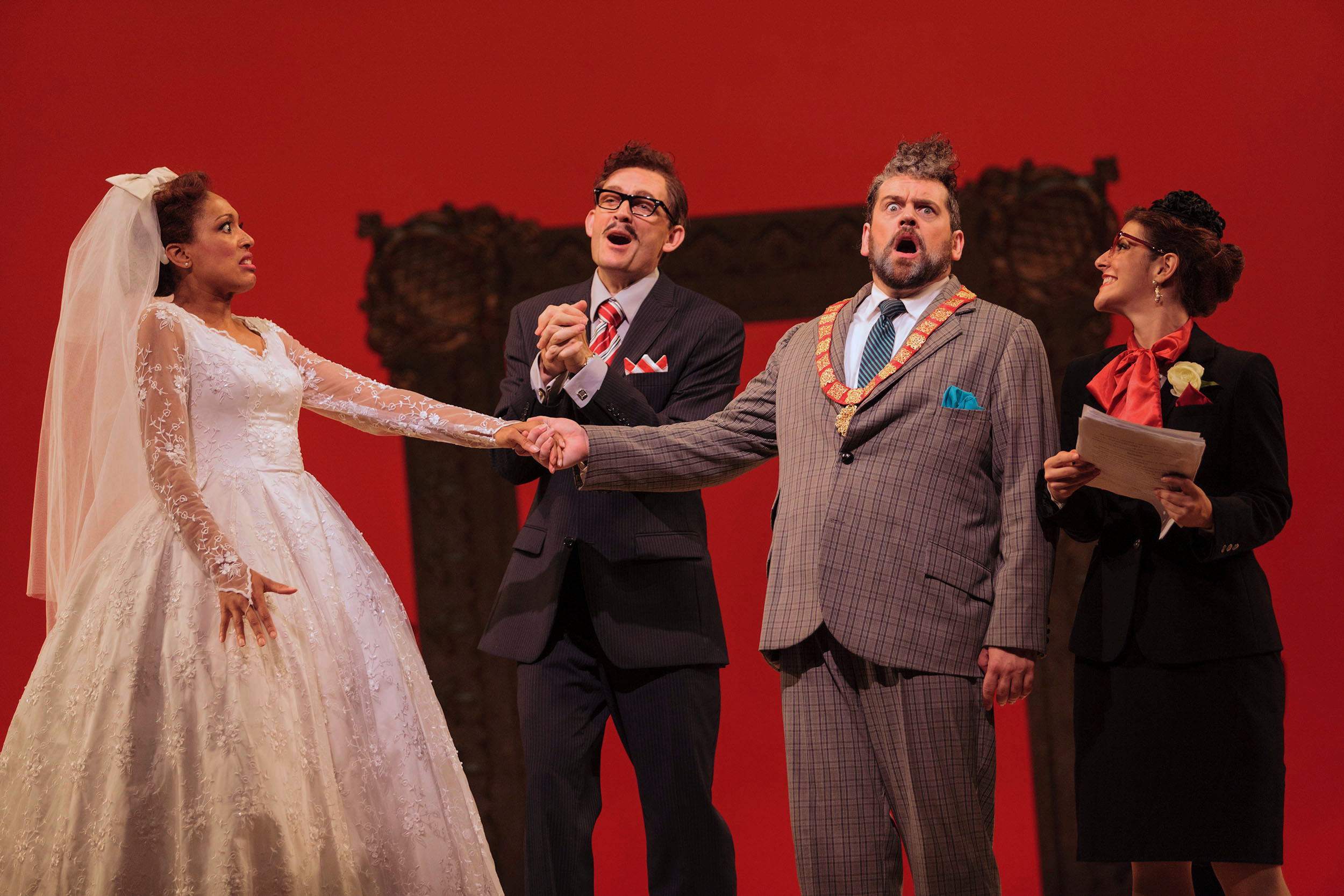  L to R: Jacqueline Echols as Giulietta, Jason Hardy as Baron Kelbar, Andrew Wilkowske as La Rocca and ensemble member Sharin Apostolou in The Glimmerglass Festival's 2013 production of Verdi's  King for a Day.  
