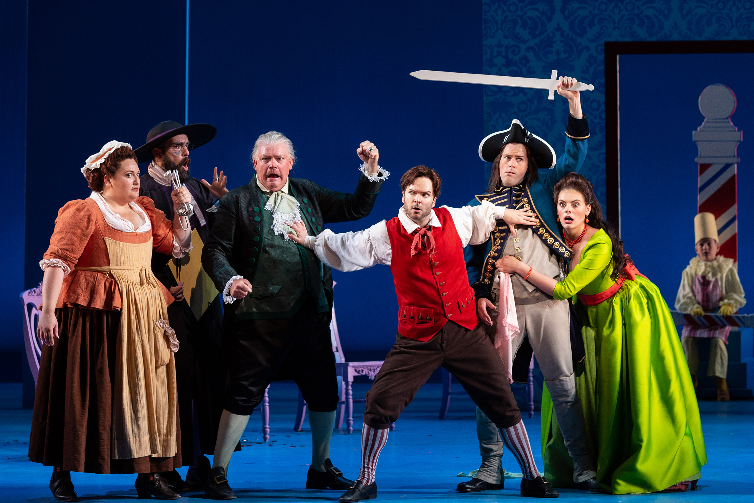  L to R: Alexandria Shiner as Berta, Timothy Bruno as Don Basilio, Dale Travis as Doctor Bartolo, Joshua Hopkins as Figaro, David Walton as Count Almaviva and Emily D'Angelo as Rosina in The Glimmerglass Festival's 2018 production of Rossini's  The B